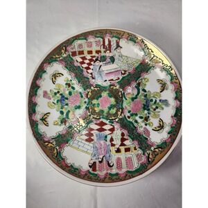 Rose Medallion Platter Chop Plate 10" Gold Trim Floral Vintage Chinese Handpaint